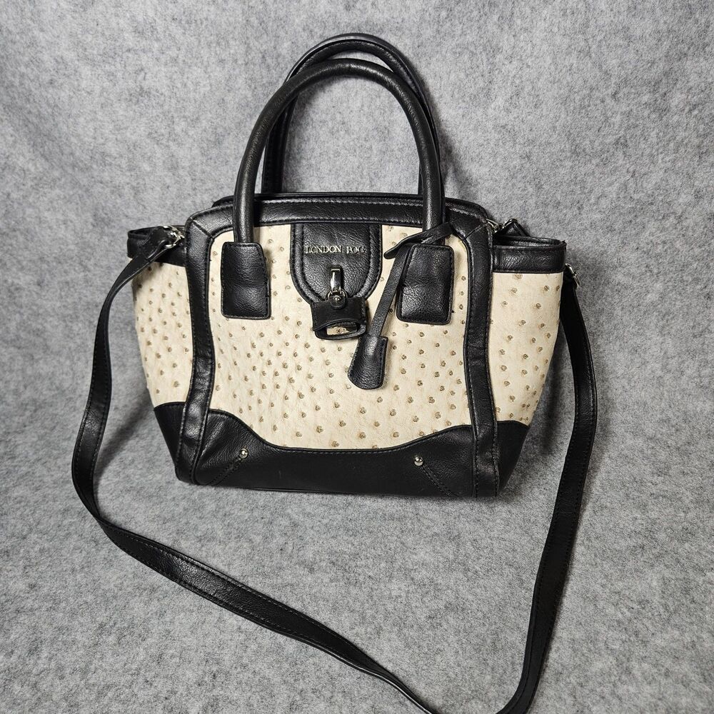 London Fog Black Cream Faux Ostrich Dual Handle Satchel Handbag Purse READ